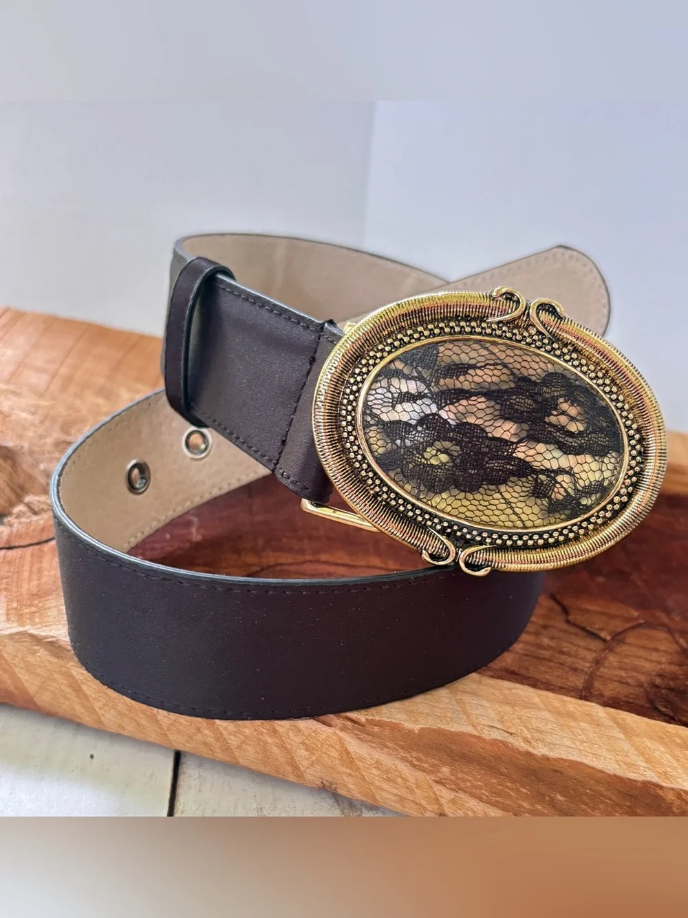 Chico’s vintage Y2K satin leather belt with oval gold gem buckle lace sz S/M EUC